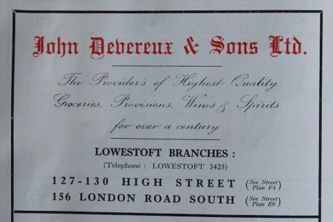  Debereux &amp; Sons Grocers and Wine Merchants advert from Lowestoft Corporation Street Map circa 1954