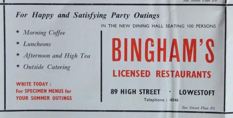  Image of Bingham's Restaurant advert from Lowestoft Street Map circa 1954