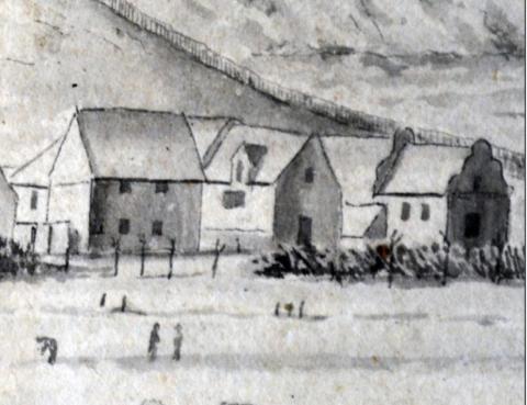 329 (centre) and 333 (right) Whapload Road as depicted by Richard Powles in 1786