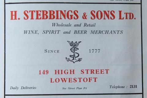  Stebbings Wine Merchants advert from Lowestoft Corporation Street Map circa 1954